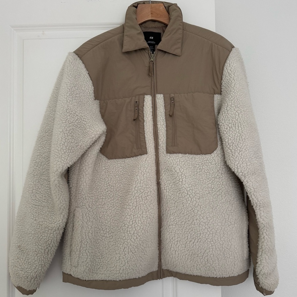 H&M men’s beige Sherpa fleece long sleeve zip jacket coat size medium